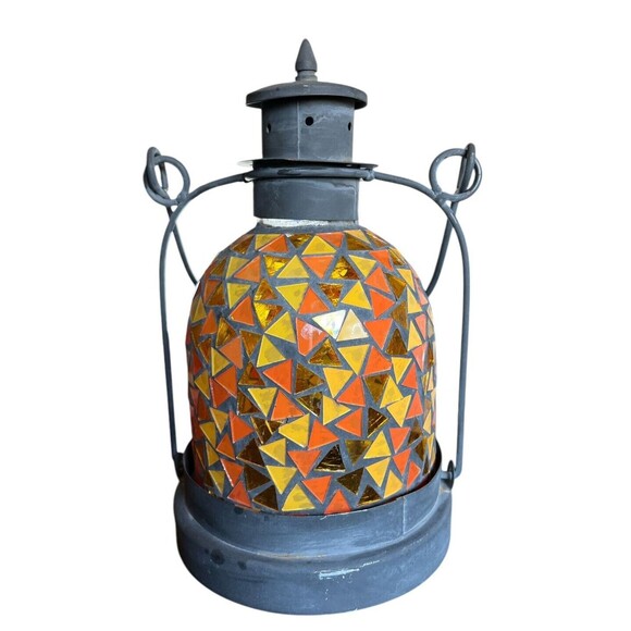 Mosaic Glass Lantern Garden Patio Candle Holder  Metal Handle 10” - Picture 3 of 6